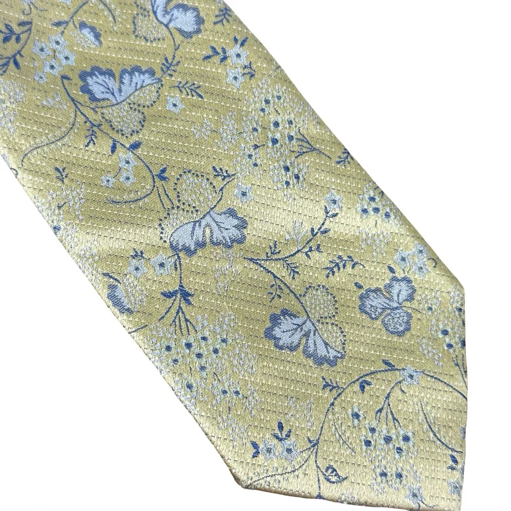 JS Blank & Co New York 100% Silk Floral Necktie Neck Tie Gray Yellow 3